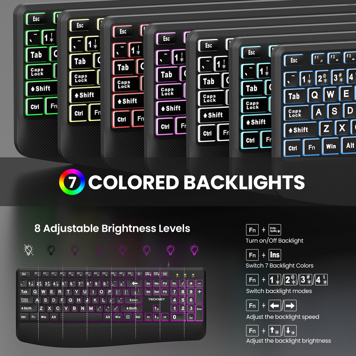 TECKNET Wired Keyboard and Mouse Combo, 7 Color Backlit Large Print Ergonomic Keyboard with Wrist Rest, Soft Typing, USB Plug & Play, Silent Keyboard Mouse Set for PC, Mac, Laptop, Blue