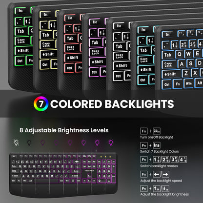 TECKNET Wired Keyboard and Mouse Combo, 7 Color Backlit Large Print Ergonomic Keyboard with Wrist Rest, Soft Typing, USB Plug & Play, Silent Keyboard Mouse Set for PC, Mac, Laptop, Blue