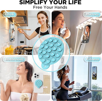 Magnetic Suction Cup Phone Mount for MagSafe Case, Silicone Hands-Free Grip Holder for iPhone and Android, Mirror Shower Phone Stand for Makeup FaceTime Gym Kitchen Bathroom, Sea Blue