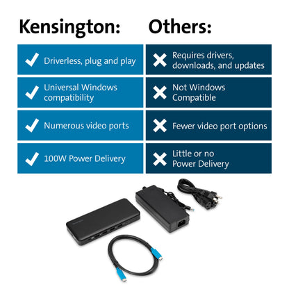 Kensington Triple Display USB-C Docking Station with 100W PD for Dell, HP, Lenovo, Acer, ASUS, Razer, Surface (Black)