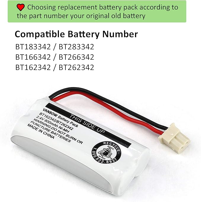 Battery BT162342 / BT262342 BT183342/BT283342 BT166342/BT266342 2.4v 800Mah Battery Pack for VTech CS6114 CS6419 CS6719 AT&T EL52300 CL80112 VTech CS6719-2 Cordless Handsets (Pack 4)