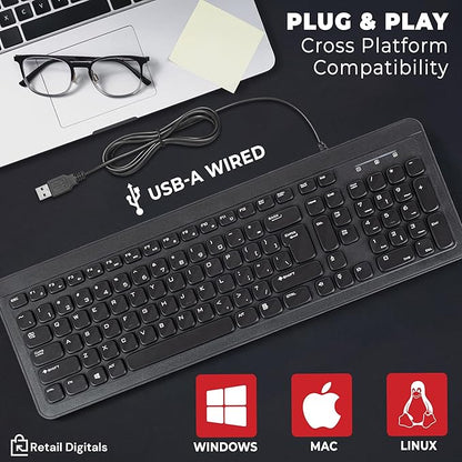 Wired USB Keyboard | Full-Sized | Ergonomic | Soft Typing | QWERTY Layout | Black