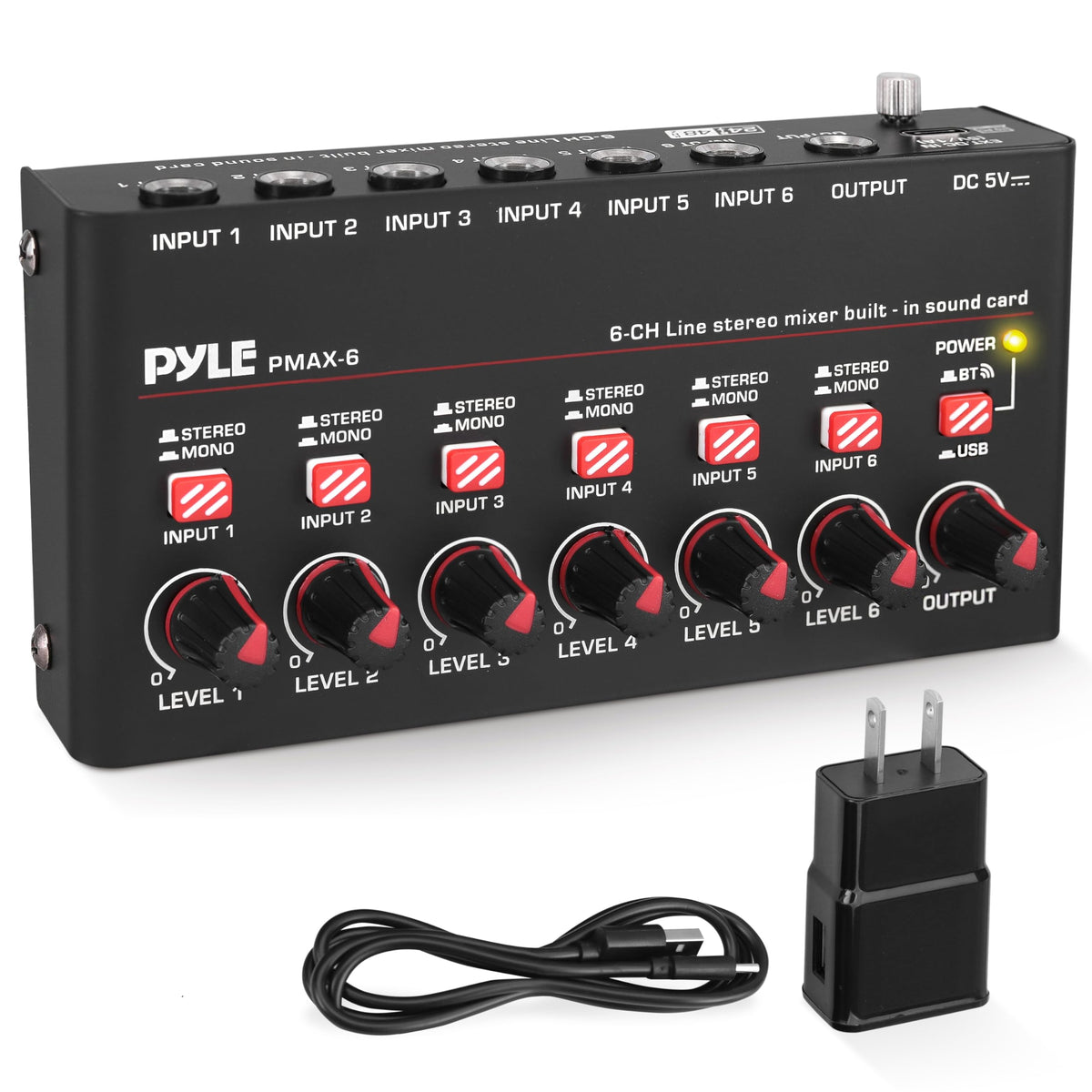 Pyle 8-Channel Bluetooth Mini Line Mixer with USB Audio Interface - 8 Mono/Stereo Switching Inputs | Ultra-low Noise Design with High Headroom | Built-in USB-C Sound Card - PMAX8