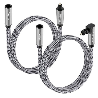 Optical Extension Fiber Digital Cable Adapter 2 Feet（2 Pack）, 90 Degree Right Angle & Straight Male to Female Coupler, Toslink Audio Cable, Nylon Braided for Home Theater, Soundbar, TV and More