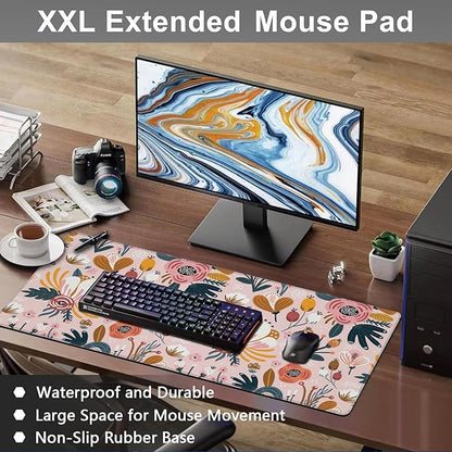 Mouse Pad, Large Colorful Flowers and Berries Desk Mat, Extended Non-Slip Gaming Keyboard Mousepad Desk Pad, Thick Stitched Edges Waterproof Mouse Mat 31.5"x15.7" (Beautiful Floral Plants)