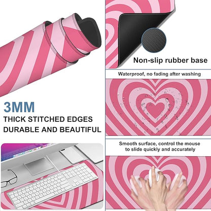 Gaming Desk Pad Large Extra Length Retro Style Hearts Mouse Pad Keyboard Laptop Non-Slip Waterproof with Rubber Base Thick Stitched Edge Mouse Mat for Office Home 35.4 x 15.7 Inches