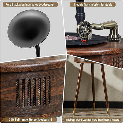 Gramophone Record Player，Italian Style Gramophone Vinyl Record Player with Control/Bluetooth/USB/FM Vintage Record Players Turntables 2 Speed(33/45), Hi-Fi, Classic Tripod Retro Wooden Design