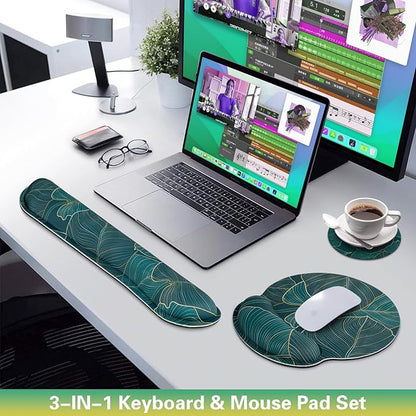 Mouse Pad with Wrist Rest Set, 3-in-1 Wrist Support Mousepad Set, Gaming Mat Pad with Anti-Skid Base,Ergonomic Mouse Pad Green,Memory Foam Gel Wrist Rest for Computer Keyboard