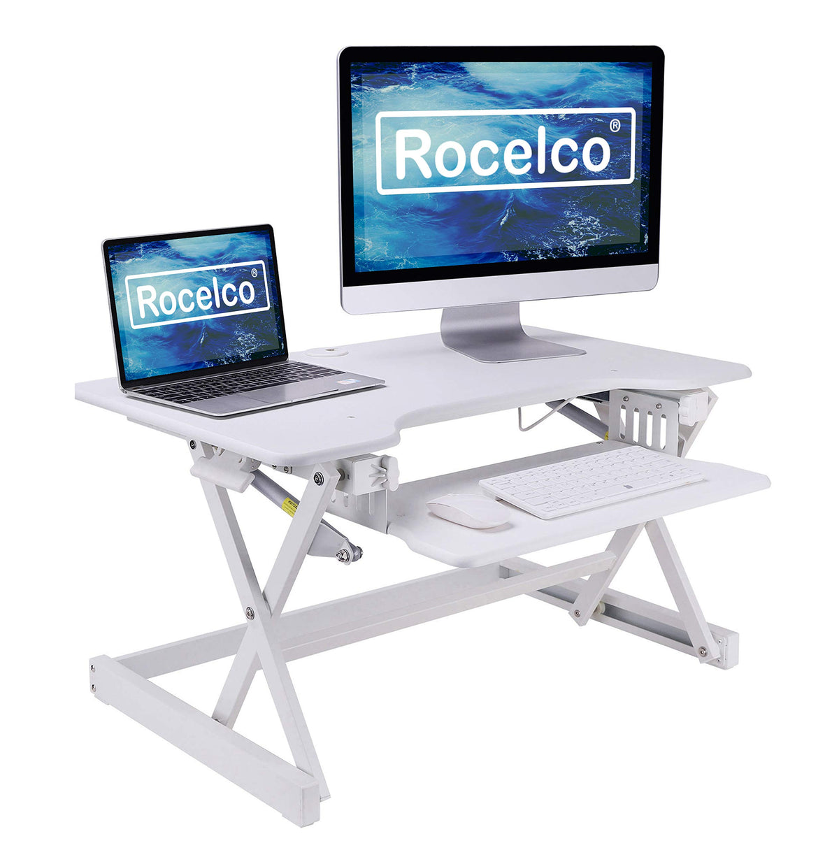 Rocelco 32" Height Adjustable Standing Desk Converter - Sit Stand Computer Workstation Riser - Dual Monitor Retractable Keyboard Tray Gas Spring Assist - Black (R EADRB2)