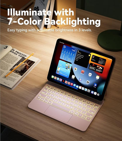 GreenLaw for iPad 11th(A16,2025)/10th(2022) Generation Case with Keyboard, Magic-Style Keyboard Stand, 7 Color Backlit, Stain-Resistant Surface, Multi-Touch Trackpad, Blush Pink