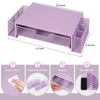 Qupui Computer Monitor Stand Riser with Drawer and Pen Holders, Desk Organizer Shelf and Accessories, Office Desk Accessories, Office Organization, Purple