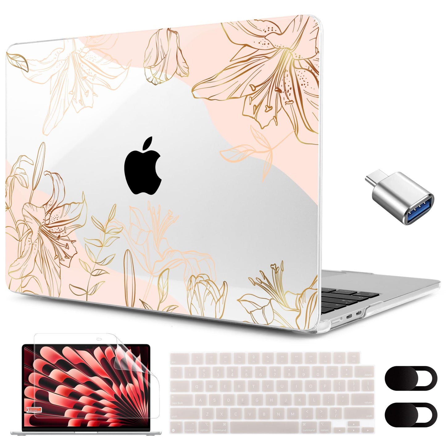 MEEgoodo for M5/M4/M3/M2 MacBook Air 15 inch Case 2026 2025 2024 2023, Case Fit Model (A3448/A3241/A3114/A2941) for MacBook Air 15.3 inch, Gold Flowers Lilies