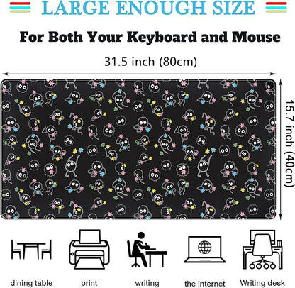 Desk Mat Cute Black Anime Sprite Gaming Mouse Pad XXL Large Extended Kawaii Laptop Keyboard Mouse Mat with Stitched Edges, Non-Slip Computer Desktop Mat for Women Office Desk Decor 31.5x15.7 in