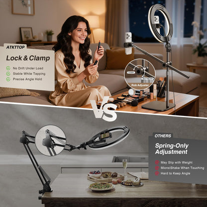 Overhead Phone Mount, Overhead Camera Mount Stand [Anti-Shaking] with 10.5" Ring Light, Desk Stand for iPhone with Ring Light for Video Recording, Zoom Meeting, YouTube, TikTok