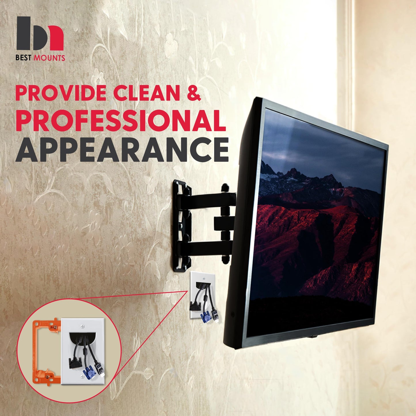 1 Pack Wall Plate Cable Pass Through with Bracket - In Wall Cable Management Kit - Recessed Cable Wall Plate Pair with Single Gang Low Voltage Mounting Bracket - Decorator Cover for Low Voltage Cables