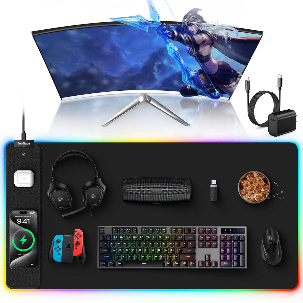 TopMade Mouse Pad with 15W Wireless Charging, Classic Black Desk Mat
