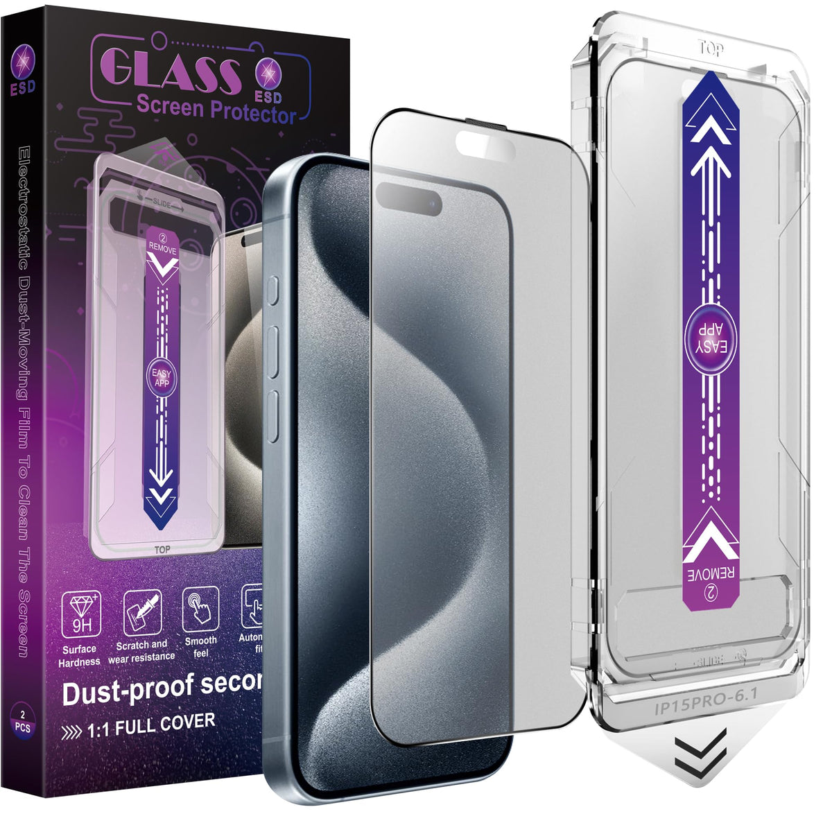 CHRYSHA 2-Pack Screen Protector Tempered Glass for iPhone 15 Pro 6.1-Inch, Auto Dust Removal, No Bubbles, High Definition Clear, Easy Installation
