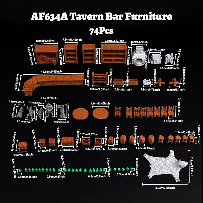 74 Pcs Tavern Bar Furniture RPG Terrain Set – Detailed DND Accessories for Tabletop Role-Playing – Miniature Props for Dungeons and Dragons, TTRPG Maps, and Wargame Campaigns – AF634A