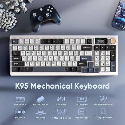 RedThunder K95 Wireless Mechanical Keyboard, TFT Screen & Knob, Tri-Mode BT5.0/2.4GHz/USB-C Hot Swappable Custom, Pre-lubed Linear Switches, Gasket Structure, RGB Gaming Keyboard, Snowy White-Blue
