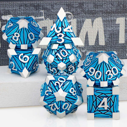 ORIFANTOU 7PCS Metal DND Dice Set with Box, Debris RPG Blue D and D Dice for use with D&D Tabletop Games Role Playing Game Polyhedral Dice Set D20 D12 D10 D8 D6 D4