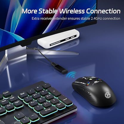 TENMOS M530 Wireless Gaming Mouse, 2.4G/Bluetooth/USB C Wired Rechargeable Mouse, 12000 DPI, RGB, 6 Programmable Buttons, Honeycomb Magnetic Cover, with Receiver Extender for Laptop/PC/Mac, Black