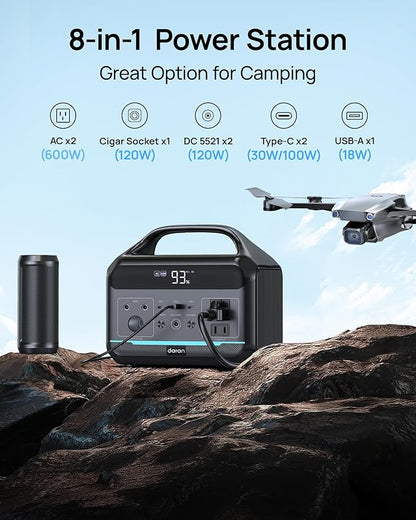 DARAN Portable Power Station 600W(1200W Surge) - 288Wh(90,000mAh) Solar Generator LiFePO4 Battery with AC DC Outlets, 8.3LB Portable Charging Station for Camping, RV, Home, Emergency (Solar Optional)