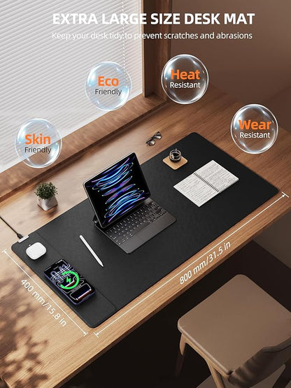 TopMade Mouse Pad with 15W Wireless Charging, XXL Large Leather Desk Mat, Waterproof Gaming Mousepad Home Office Desk Pad Protector, Computer Keyboard Pad, Mouse Mat for for MacBook, PC, Laptop, Black