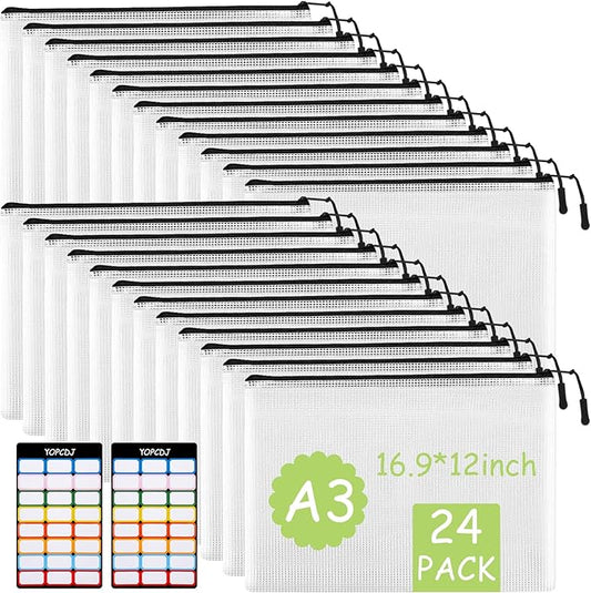 YOPCDJ 24pcs Mesh Zipper Pouches, A3 Size 17 x 12 inches Waterproof Black Zipper Bags, Water-Resistant Plastic Zipper Pouch for School Office Supplies, Puzzles & Games Organizing Storage