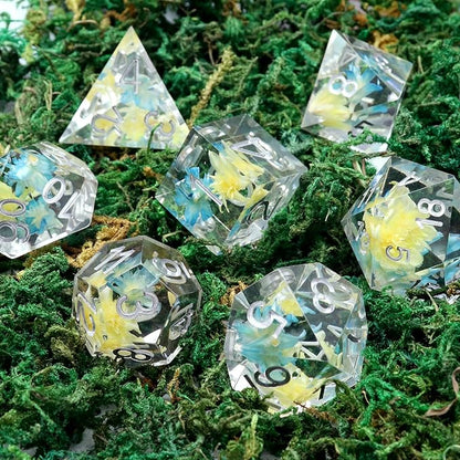 Haxtec Flower DND Dice Set Sharp Edge Dice with Dice Case Handmade Blue Yellow Resin D&D Dice Set for TTRPGs Compatible with Dungeons and Dragons Gifts