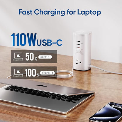 Tower Power Strip Surge Protector with 3 AC Outlets & 8 USB Ports (4 USB-C), TenTrend 160W Fast Charging Station, 5 FT Flat Plug Extension Cord with Multiple Outlets for Home Office Dorm Room