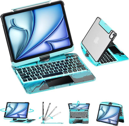 GUSGU Transparent Case with Wireless Keyboard for iPad Air 13-in.(M3/M2, 2025/2024), 7 Colors Backlight, Trackpad, 360°Rotating Stand for iPad Pro 12.9-in (6/5/4/3 Gen), Tech Style