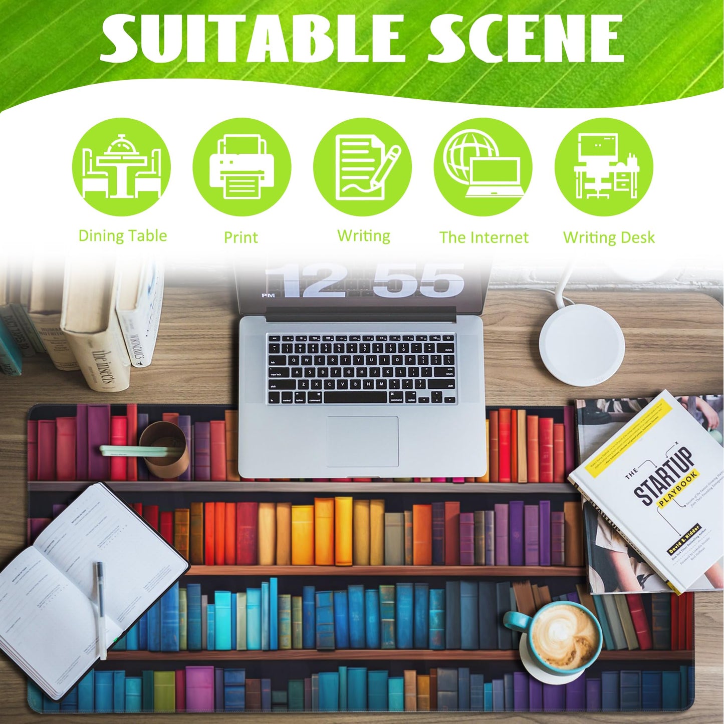 Eflxamz Large Gaming Mouse Pad for Desk,Bookshelves Full of Books Desk Mat,Colorful Books Desk Pad,Extended Big Computer Keyboard Mouse Pad with Non-Slip Base and Stitched Edge,35.4"x15.7"