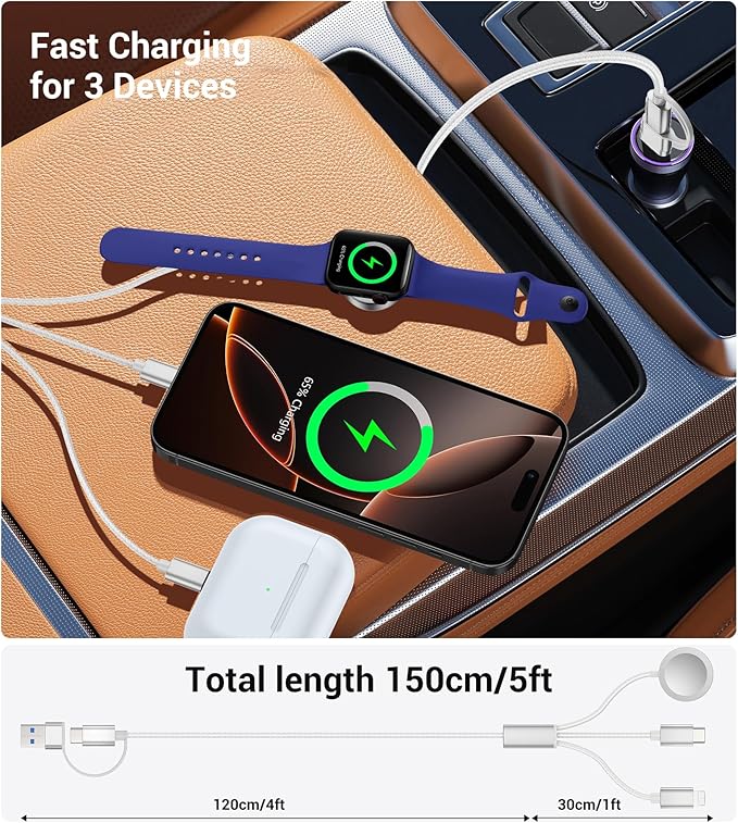 Temdan for Travel Vacation Essentials,3 in 2 USB C Cable for Apple Watch Charger/iPhone 16 Charger/Lightning,Multi Charging Cable Cord,Camping Essentials,Designed for iWatch &iPhone 16-12-5FT White