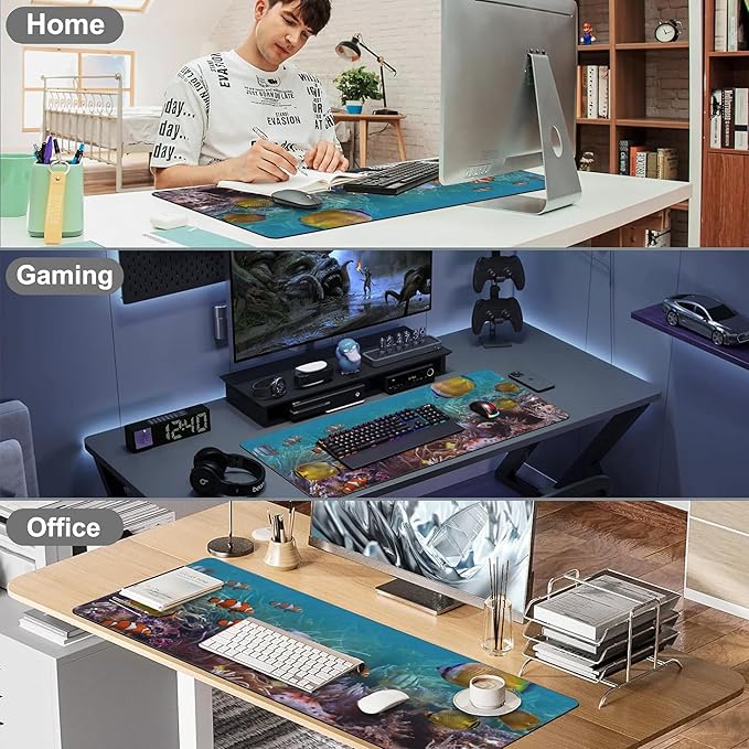 Vibrant Underwater World Desk Mat,Large Tropical Fishes on Coral Reefs Gaming Keyboard Mouse Pad,Non-Slip Rubber Base Desk Pad Thick Stitched Edges Waterproof Mousepad Mouse Mat 31.5"x11.8"