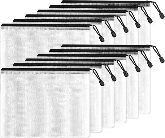 SUNEE Plastic Mesh Zipper Pouch 6.8x9.2 in (Black, 12 Packs),Extra Large Water-Resistant Zip Bag for School Office Supplies, Puzzles & Games Organizing Storage