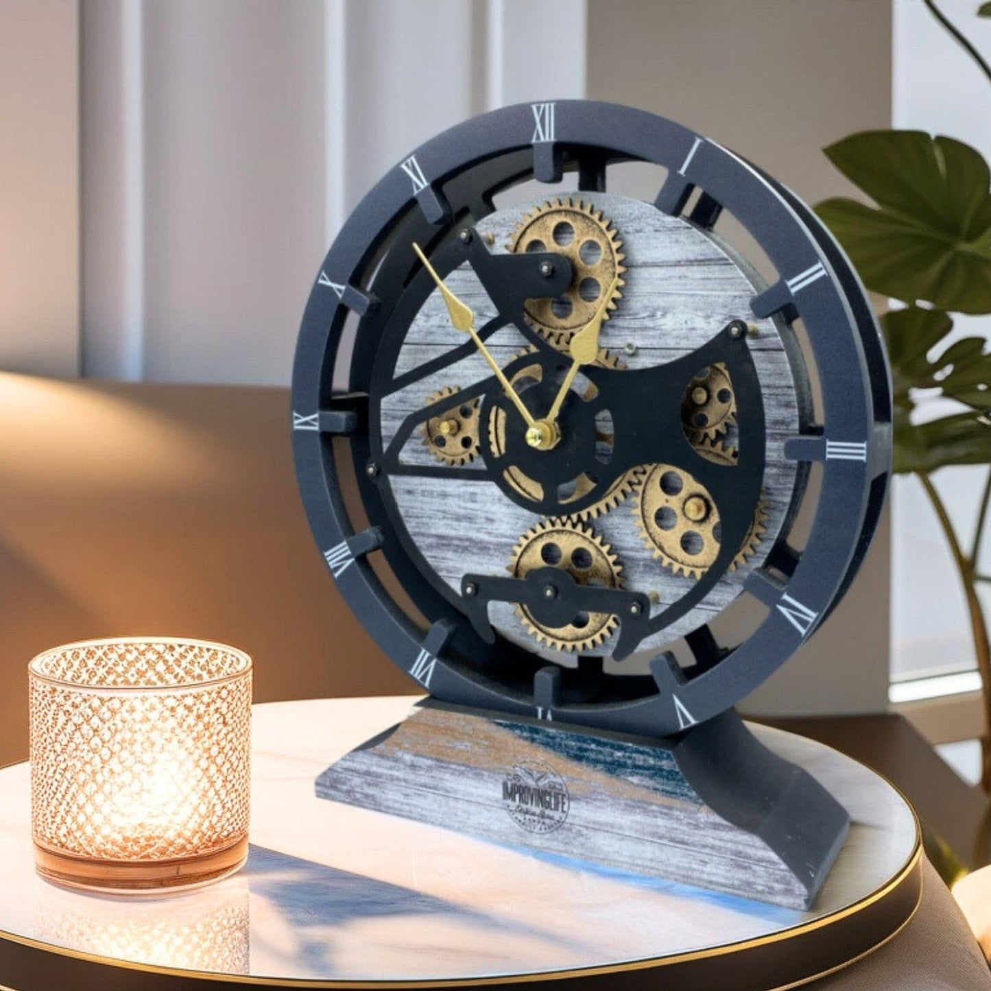 ImprovingLife The Gears Clock Desk Clock 10 inches with Real Moving Gears Convertible into Wall Clock (Silver Glamour)