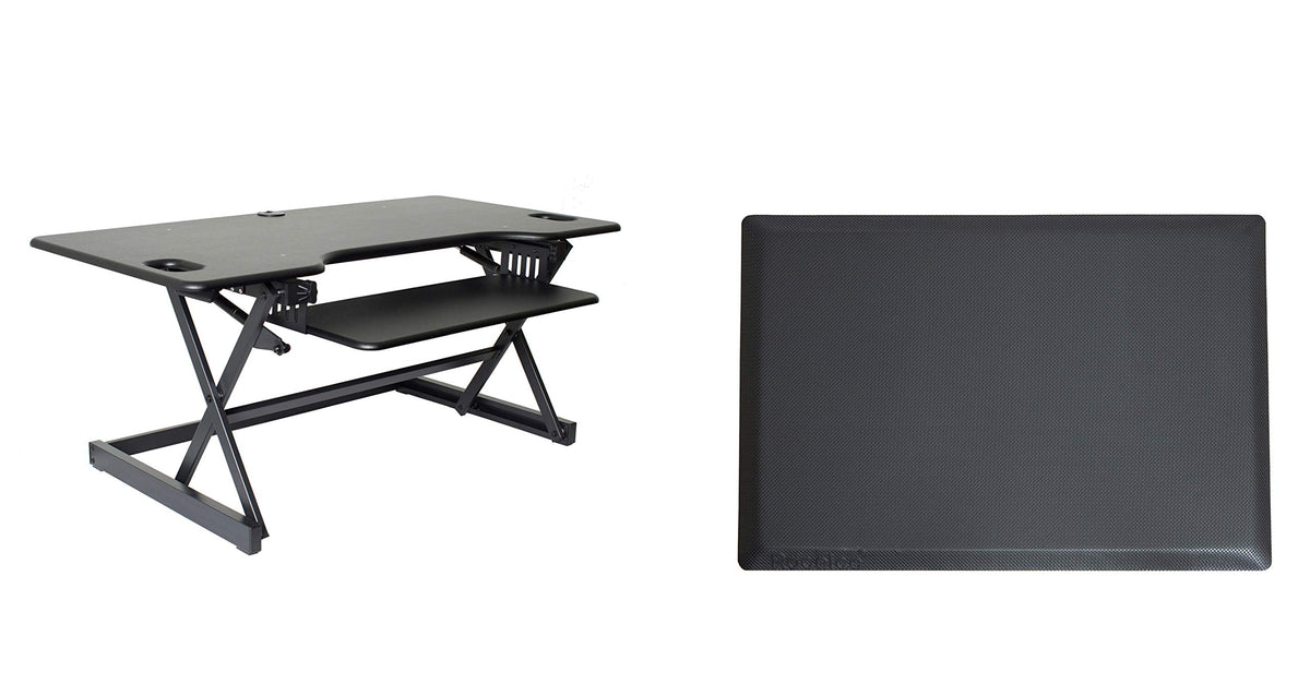 Rocelco 32" Height Adjustable Standing Desk Converter - Sit Stand Computer Workstation Riser - Dual Monitor Retractable Keyboard Tray Gas Spring Assist - Black (R EADRB2)