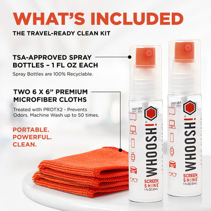 WHOOSH! Screen Shine Go 2-Pack – Two 1 fl oz Refillable Touchscreen Cleaners with Microfiber Cloths for Car, iPad, Laptop and Eyeglasses – Powerful Streak-Free Cleaning – Pocket-Sized, TSA-Approved