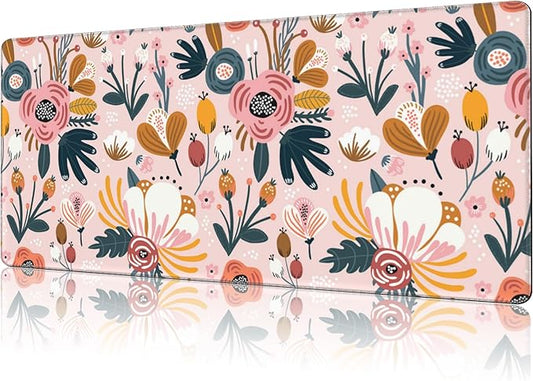 Mouse Pad Large Flowers and Leaves Non-Slip Game Desk Mat with Stitched Edge Laptop Keyboard Desk Pad for Work Home Gaming (35.4 x 15.7 Inches)