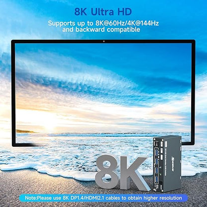 HDMI Displayport Hybird KVM Switch 2 Monitors 2 Computers 8K@60Hz 4K@144Hz, Aluminum Dual Monitor KVM Switches for 2 PC Share 2 Monitor and 4 USB Devices, Support Extended/Copy Mode,Cables Included