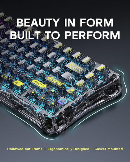 GravaStar Mercury K1 Lite 75% Gaming Keyboard, 2.4GHz/BT/Wired Tri-Mode Wireless Keyboard, Gasket Hot Swappable Mechanical Keyboard, Pre-lubed Linear Switches, RGB Backlit - Transparent Black