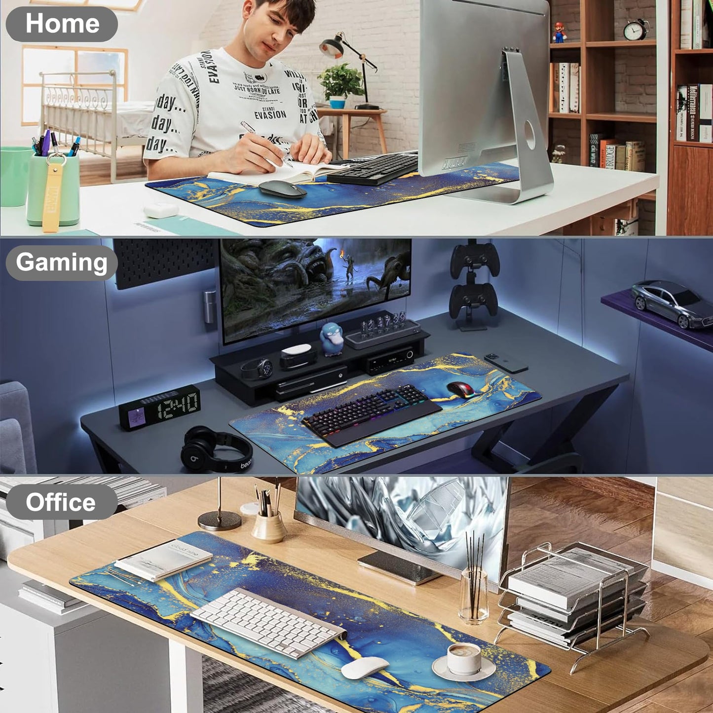 Mouse Pad, Large Alcohol Ink Art Desk Mat, Extended Non-Slip Gaming Keyboard Mousepad Desk Pad, Thick Stitched Edges Waterproof Mouse Mat 31.5"x15.7" (Abstract Fluid Art Painting)