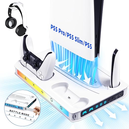 ZYTHRONE PS5/ Slim/Pro Cooling station with Fast Contoller Charger for PlayStation 5 Disc & Digital Console Stand, RGB Light, Quiet Cooling Fan, Headset Holder