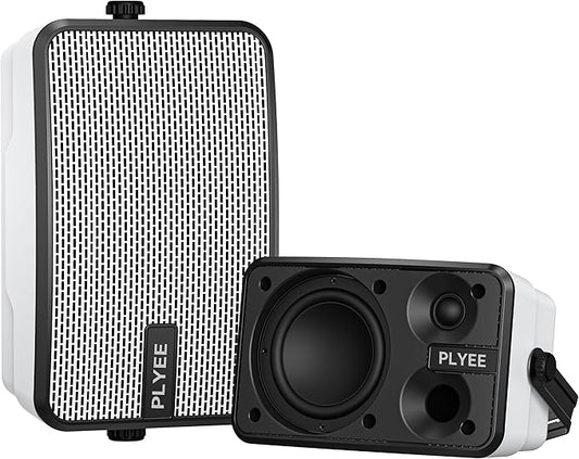 Plyee Audio 400W Outdoor Bluetooth Speakers, Wireless Sync Between Speakers, Powerful Bass, Wall Mount for Patio, Porch, Gazebo, Garage, 2-Pack, White(MZ-621)
