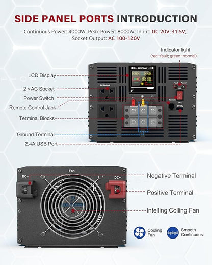 4000 Watt Pure Sine Wave Power Inverter DC 24V to 110/120V AC with 2 AC Charger Outlets and Wiring Terminal 8000W Peak Car Solar Converter for Vehicles Home with LCD Display and 2.4A USB Charging Port
