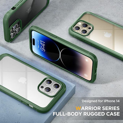 Miracase Glass Series for iPhone 14 Pro Case 6.1 Inch, Full-Body Clear Bumper Case with Built-in 9H Tempered Glass Screen Protector, with Camera Lens Protector, Acacia Green