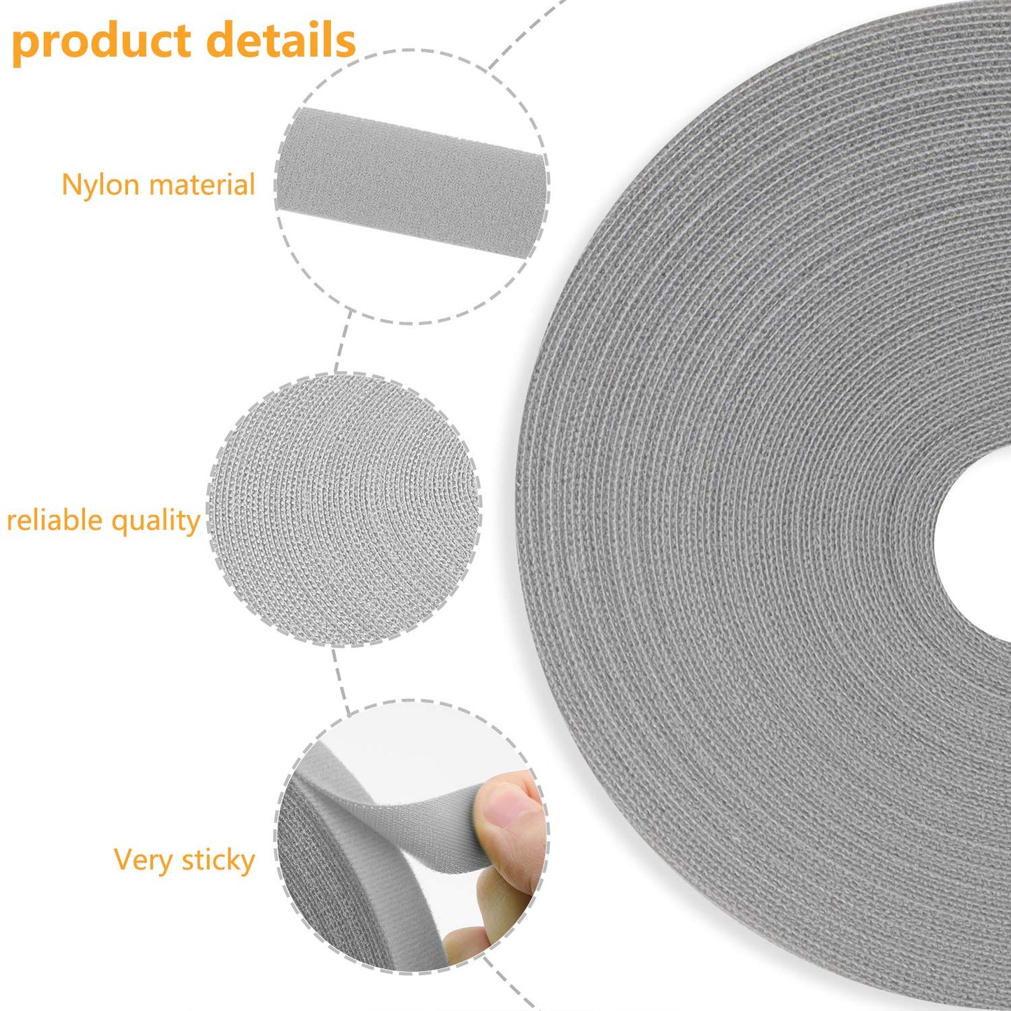 Saisn Reusable Fastening Tape Cable Ties 3/4 Inch Double Side Hook Roll (25 Yard, Grey)