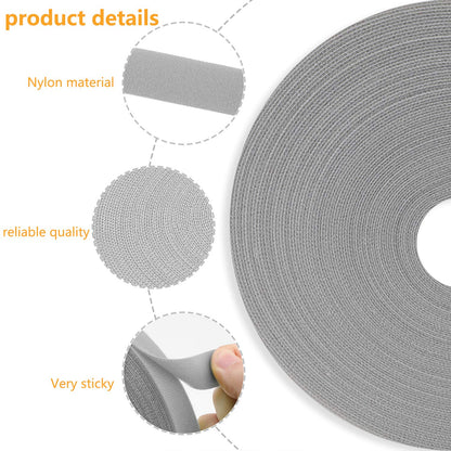 Saisn Reusable Fastening Tape Cable Ties 3/4 Inch Double Side Hook Roll (25 Yard, Grey)