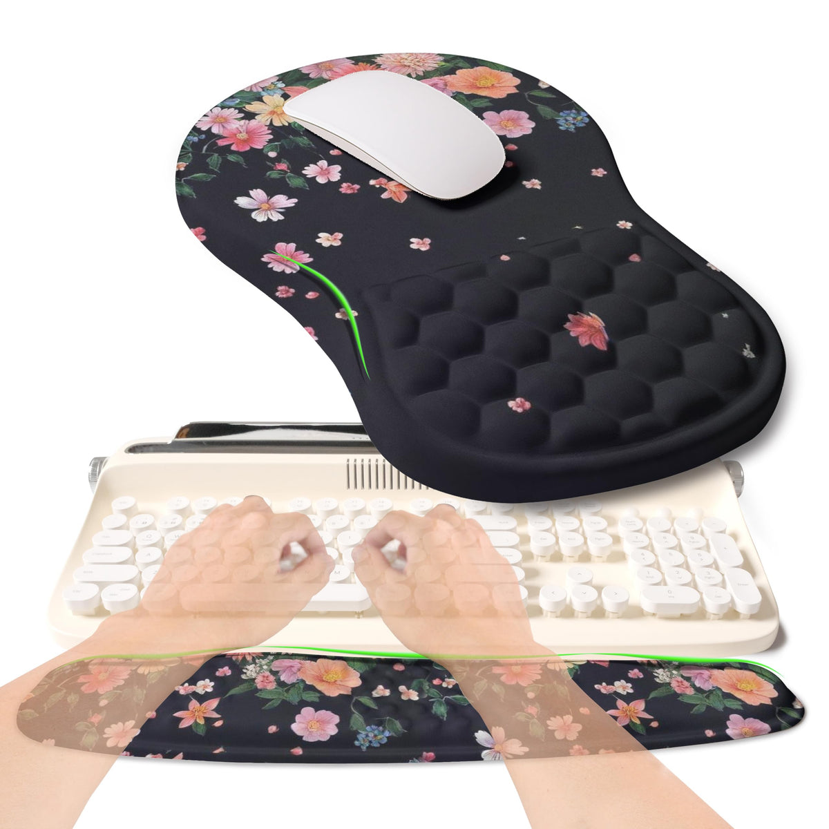 KUOSGM 2-in-1 Ergonomic Set, Wave Rise Keyboard Wrist Rest and Massage Bulge Slope Mouse Pad Wrist Support, Cushion Memory Foam Integrated to Relieve Wrist Pain, Cute Cat Paws
