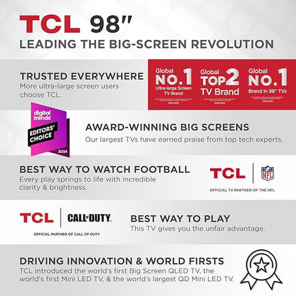 TCL 98-Inch Q65 QLED 4K UHD Smart TV with Google TV (98Q651G, 2024 Model) Dolby Vision, Dolby Atmos, HDR Pro+, Game Accelerator Enhanced Gaming, Voice Remote, Works with Alexa, Streaming Television